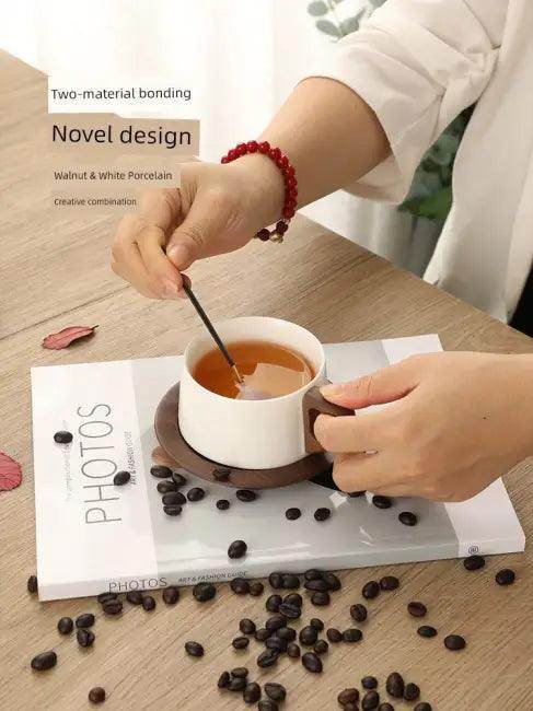 Sleek Ceramic Coffee Cup Set with Wooden Handle for Elegance - Estalios