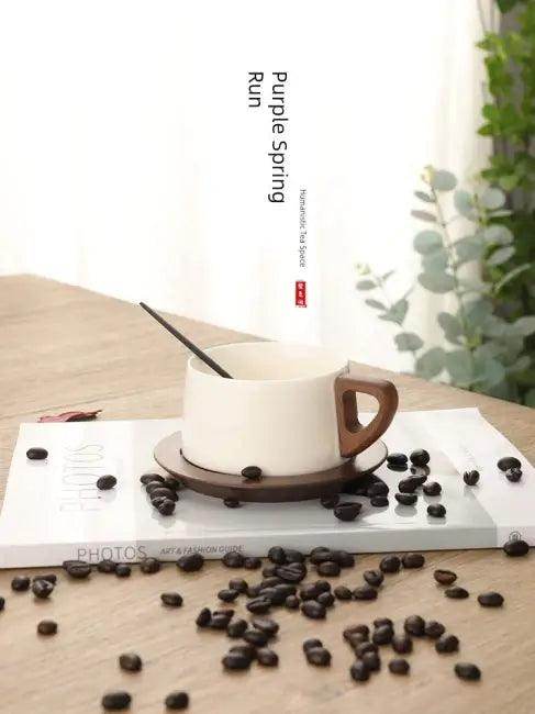 Sleek Ceramic Coffee Cup Set with Wooden Handle for Elegance - Estalios