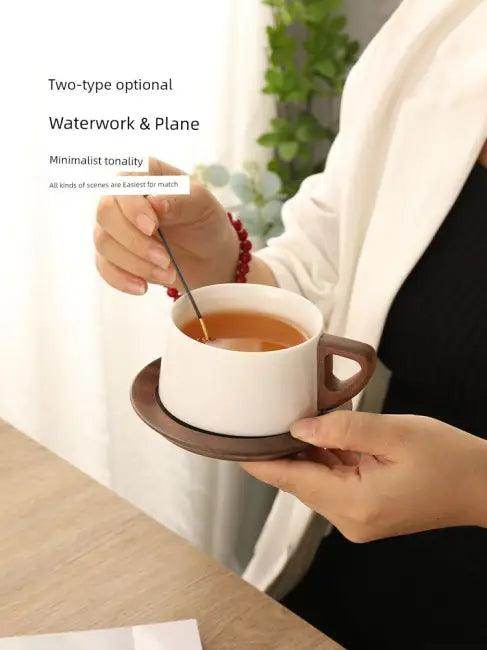 Sleek Ceramic Coffee Cup Set with Wooden Handle for Elegance - Estalios