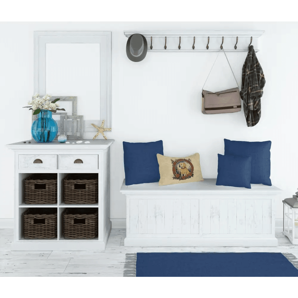 Festive White Bench with Holiday Dog Pillows - Estalios
