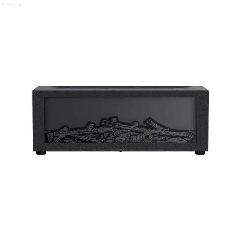 Black electric fireplace with faux logs.
