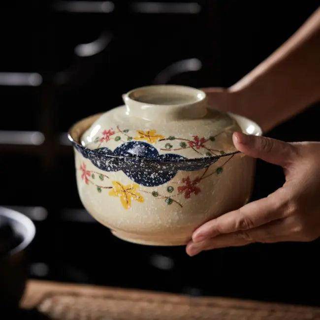 Enchanting Floral Ceramic Bowl with Artistic Lid for Home Decor - Estalios