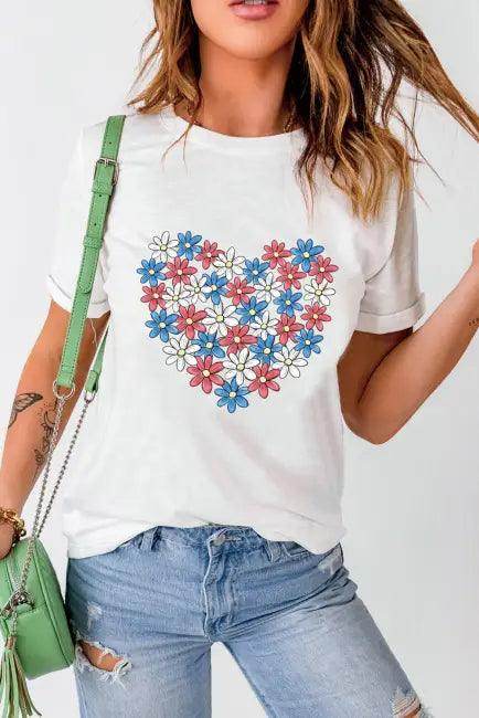 Floral Heart White Tee for Bold Everyday Style - Estalios