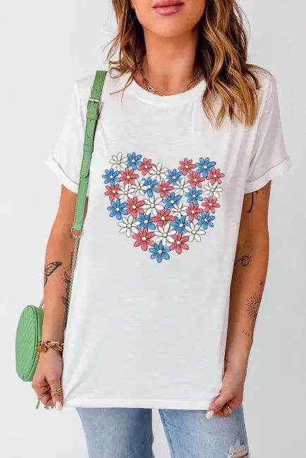 Floral Heart White Tee for Bold Everyday Style - Estalios