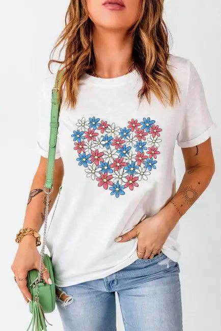 Floral Heart White Tee for Bold Everyday Style - Estalios