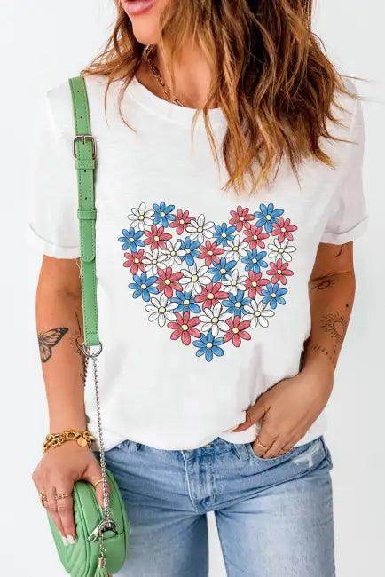 Floral Heart White Tee for Bold Everyday Style - Estalios