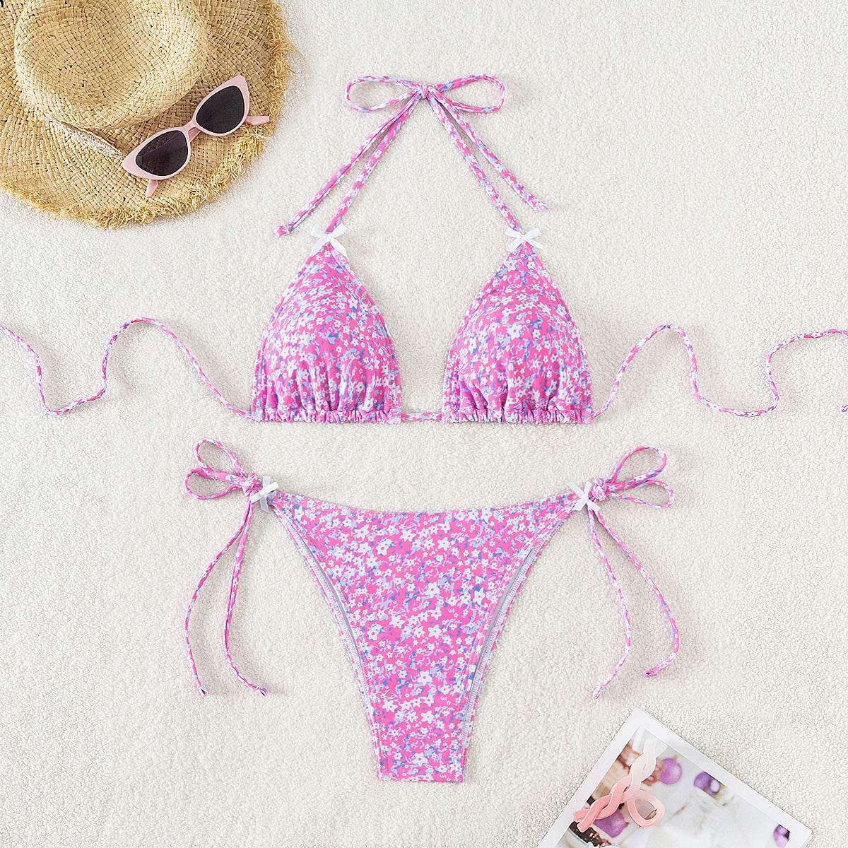 Floral Triangle Cup Lace Up Sexy Bikini Swimsuit for Women - Estalios