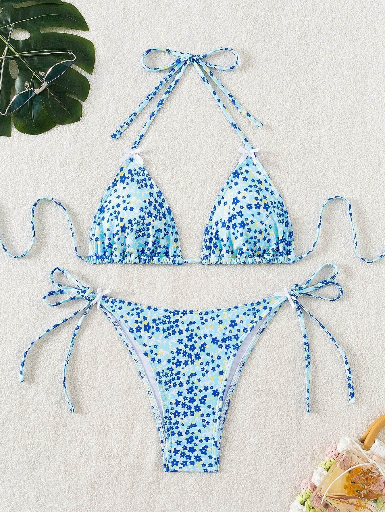 Floral Triangle Cup Lace Up Sexy Bikini Swimsuit for Women - Estalios
