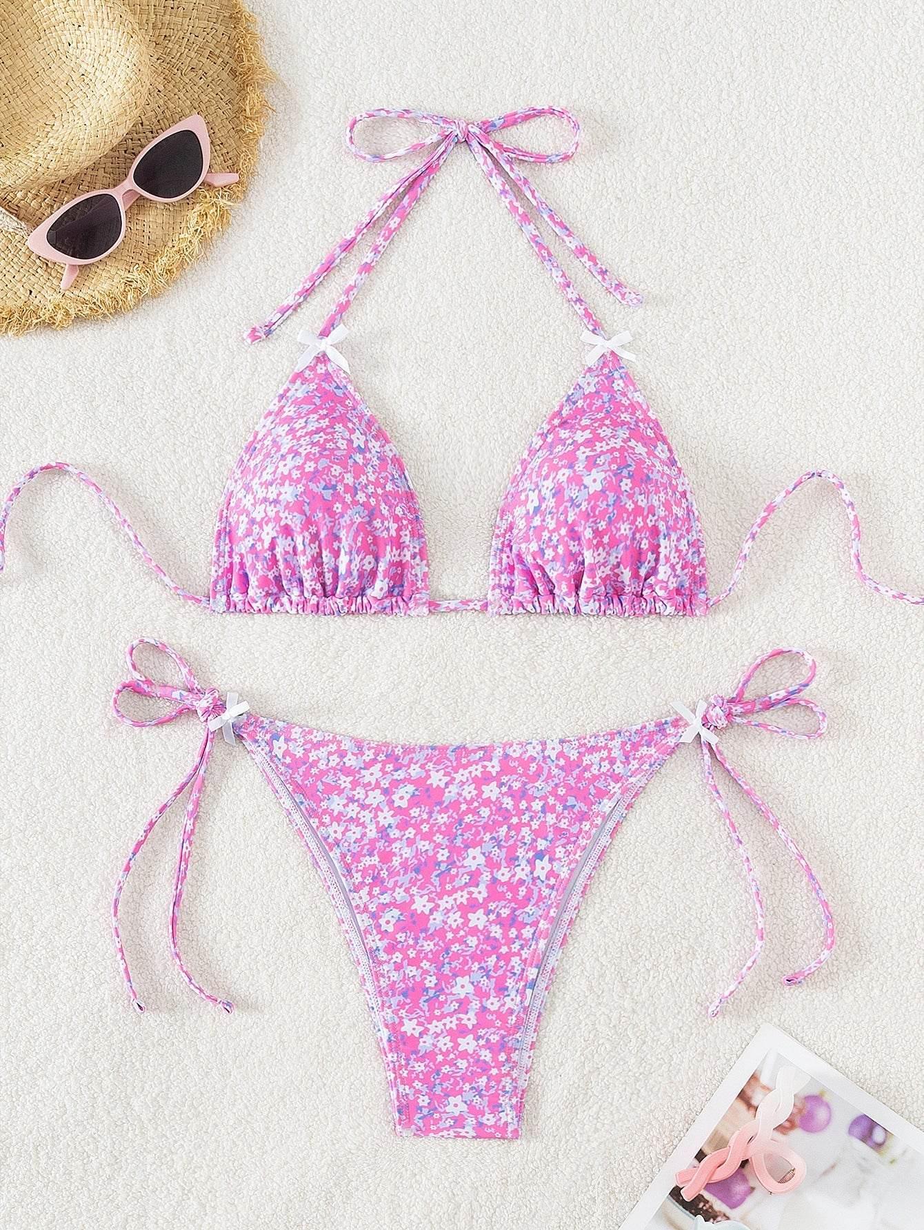 Floral Triangle Cup Lace Up Sexy Bikini Swimsuit for Women - Estalios