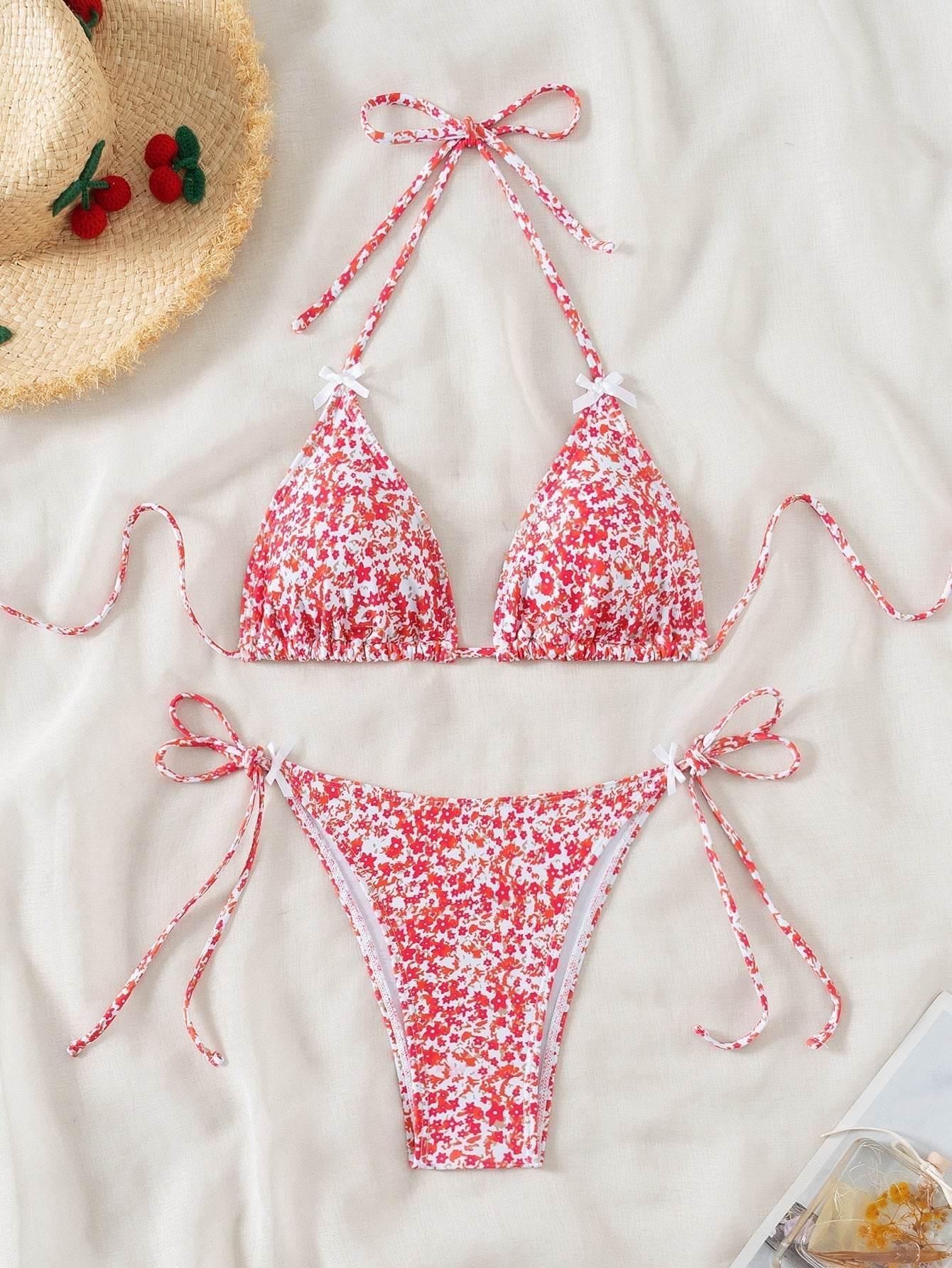 Floral Triangle Cup Lace Up Sexy Bikini Swimsuit for Women - Estalios
