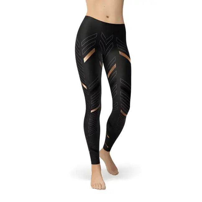 Stylish Geometric Black Leggings with Stripes for Women - Estalios