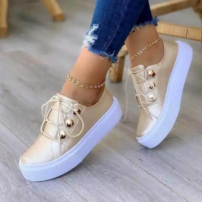 Stylish Comfort Gold Platform Sneakers with Button Accents - Estalios