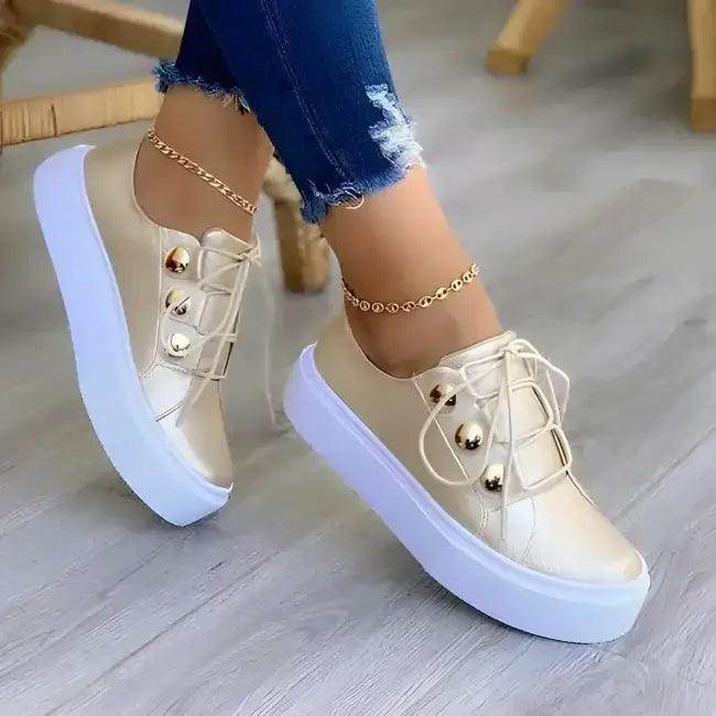 Stylish Comfort Gold Platform Sneakers with Button Accents - Estalios