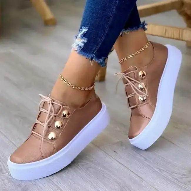 Stylish Comfort Gold Platform Sneakers with Button Accents - Estalios