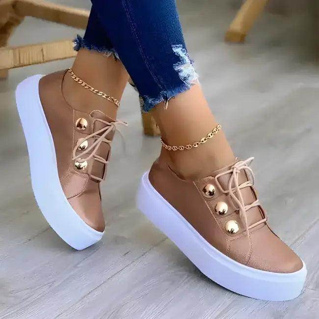 Stylish Comfort Gold Platform Sneakers with Button Accents - Estalios