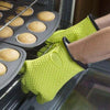 Lime green silicone oven gloves.