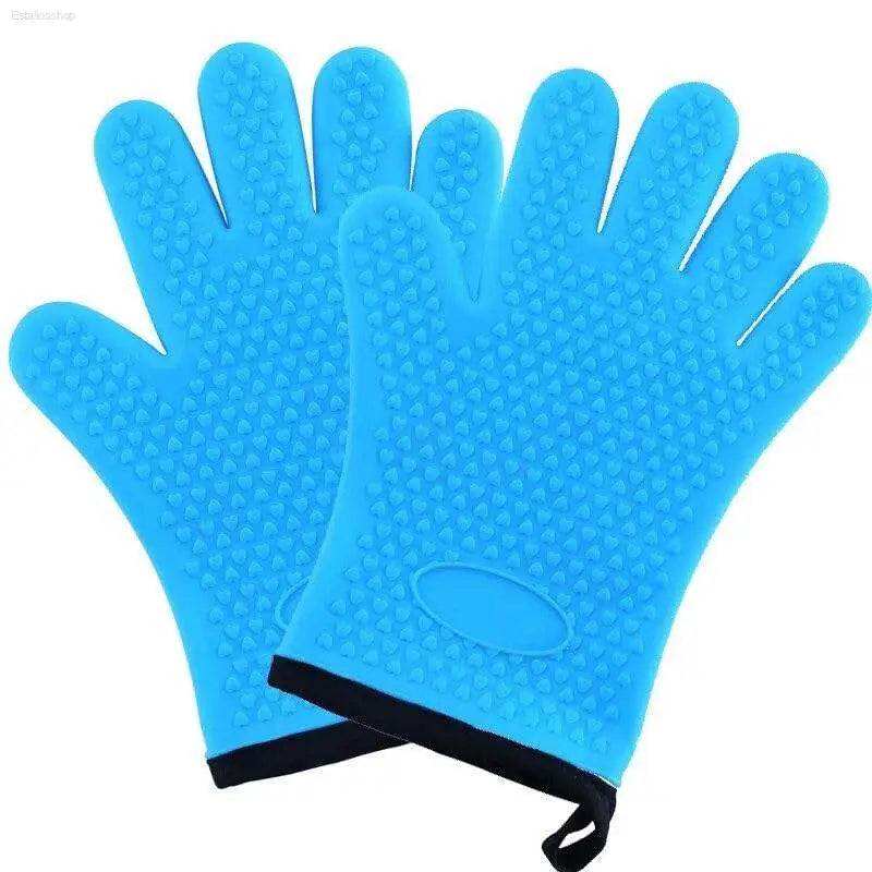 Blue silicone oven mitts.