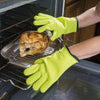 Lime green oven gloves.