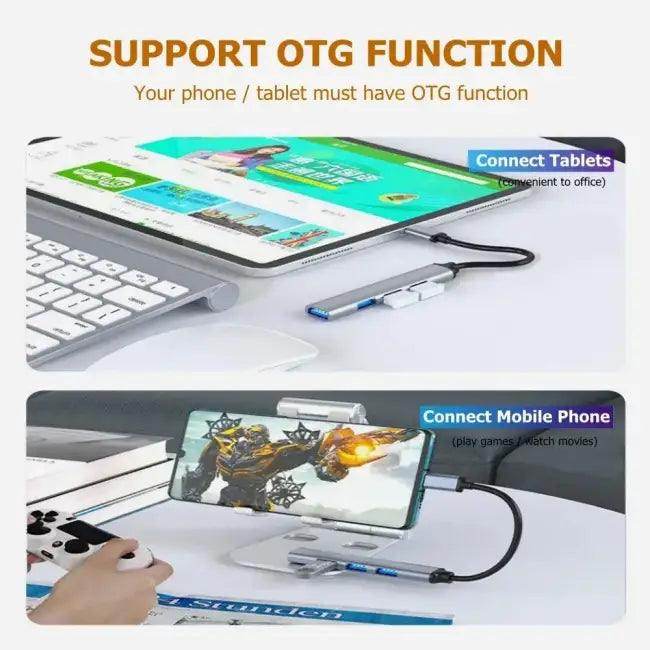Gray Aluminum Alloy Hub Expander with Four Ports for OTG Devices - Estalios