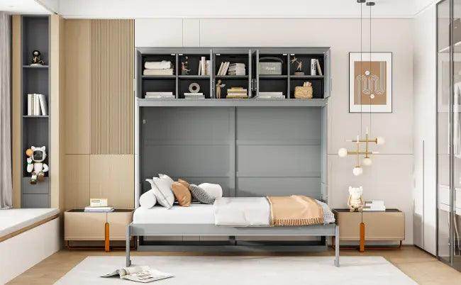 Gray Murphy Bed with Upper Cabinets for Space Saving - Estalios