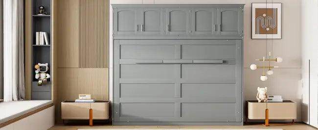 Gray Murphy Bed with Upper Cabinets for Space Saving - Estalios