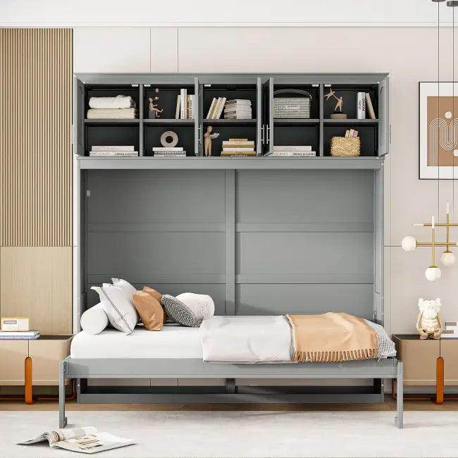 Gray Murphy Bed with Upper Cabinets for Space Saving - Estalios
