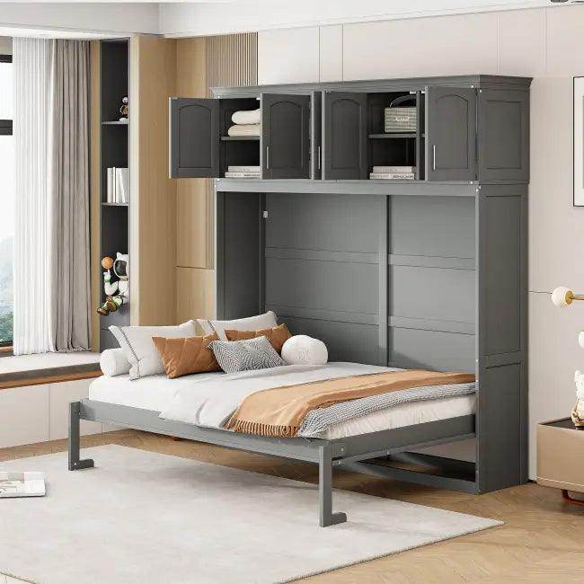 Gray Murphy Bed with Upper Cabinets for Space Saving - Estalios