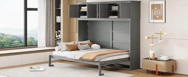 Gray Murphy Bed with Upper Cabinets for Space Saving - Estalios