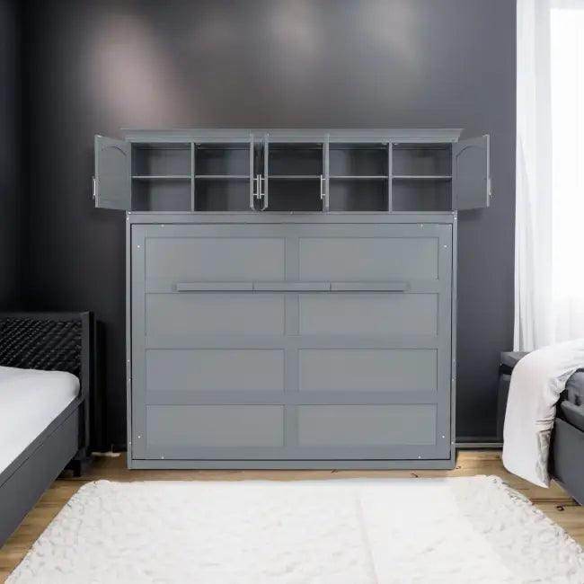 Gray Murphy Bed with Upper Cabinets for Space Saving - Estalios