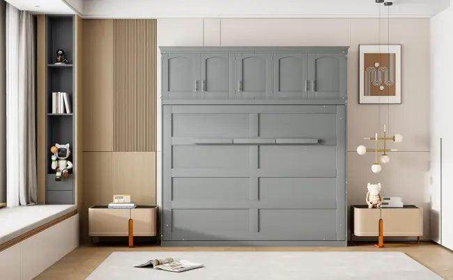 Gray Murphy Bed with Upper Cabinets for Space Saving - Estalios