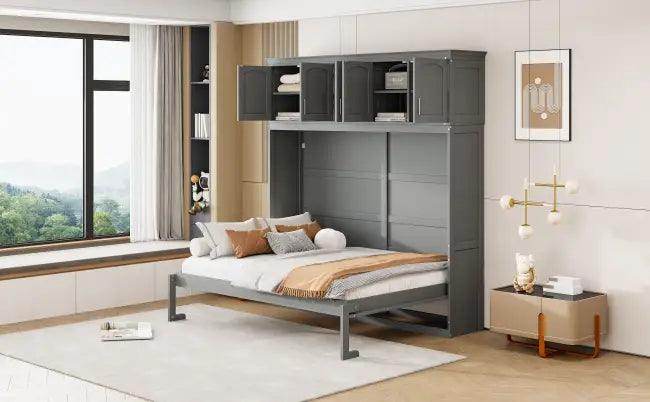 Gray Murphy Bed with Upper Cabinets for Space Saving - Estalios