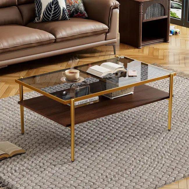 Bold Yellow & Gray Glass Coffee Table with Storage - Estalios