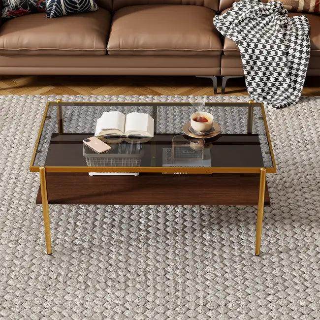 Bold Yellow & Gray Glass Coffee Table with Storage - Estalios