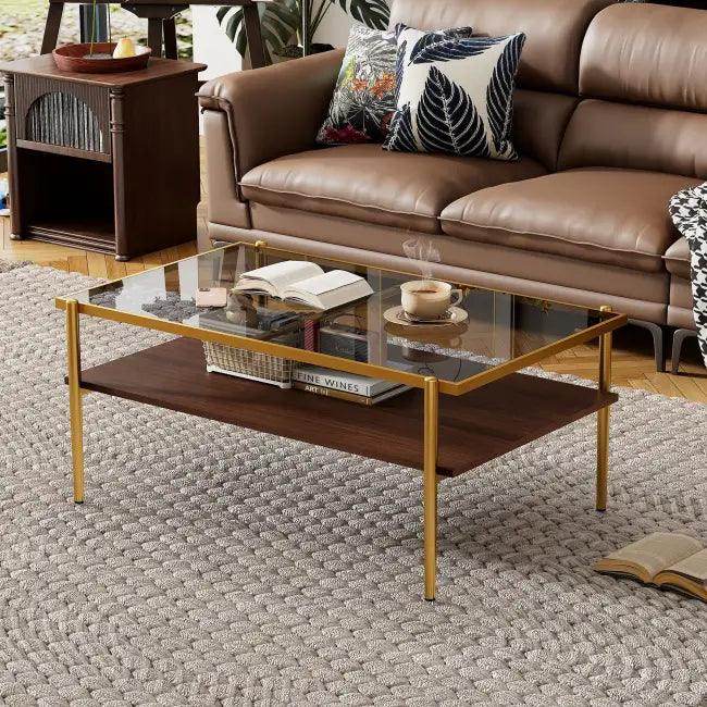 Bold Yellow & Gray Glass Coffee Table with Storage - Estalios