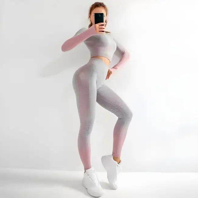Sporty Chic Gray Pink Crop Set for Active Comfort - Estalios