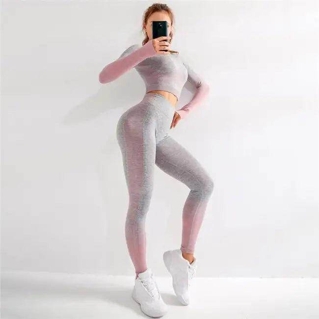 Sporty Chic Gray Pink Crop Set for Active Comfort - Estalios