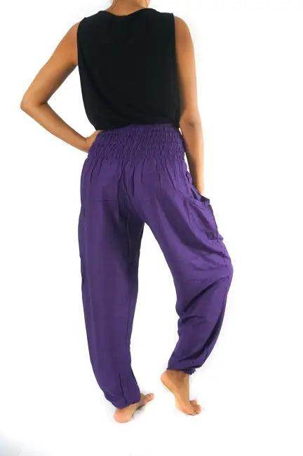 Vibrant Purple Harem Pants with Smocked Waistband and Handy Pockets - Estalios