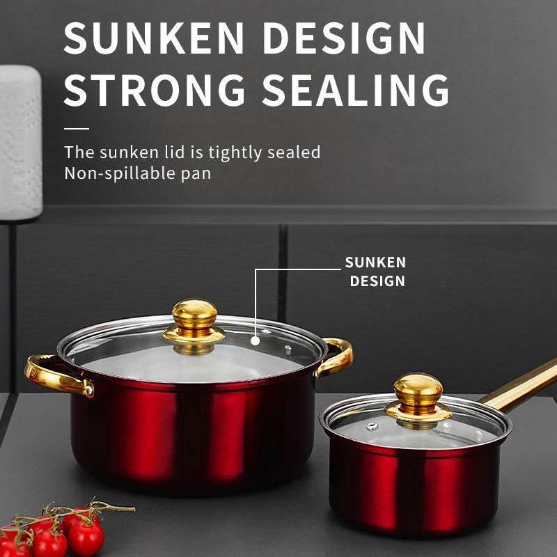 Gleaming Gold Kissed Cookware: Ignite Your Kitchen! Elevate your culinary experience with this stunning cookware set, featuring eye catching colors and luxurious gold - Estalios