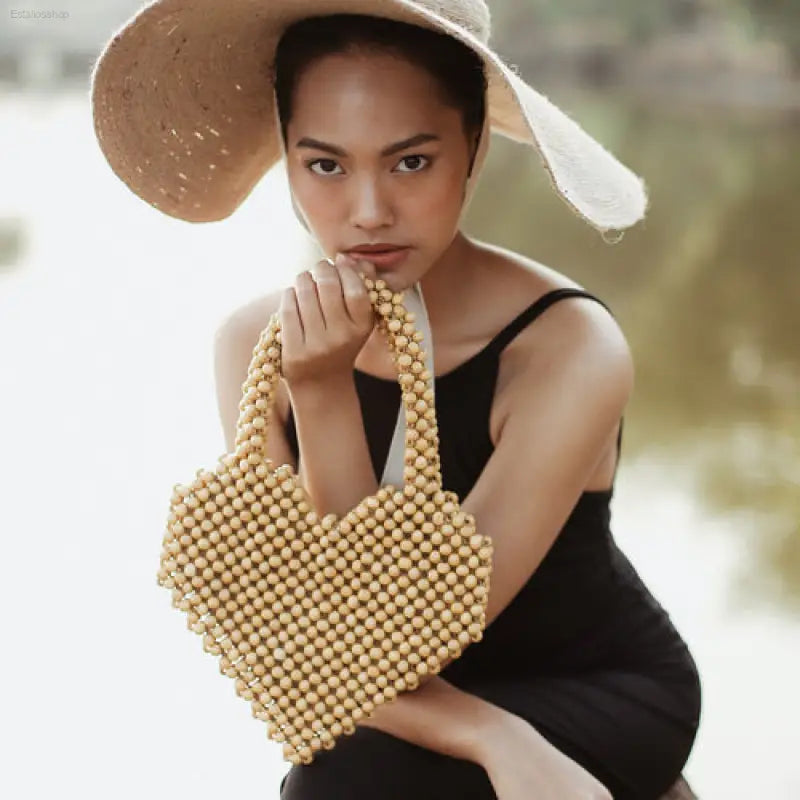 ❤️ Inspired Design – Heart Shaped Wood-Beaded Tote Bag | Perfect for Embracing Your Unique Style - Natural / Wood
