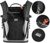 Black and white backpack with padded straps.