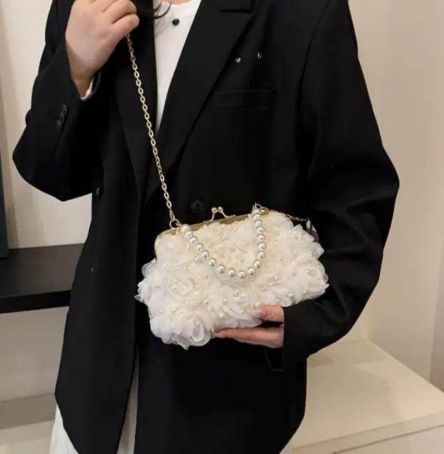 Elegant Ivory Floral Beaded Clutch Purse with Gold Chain - Estalios