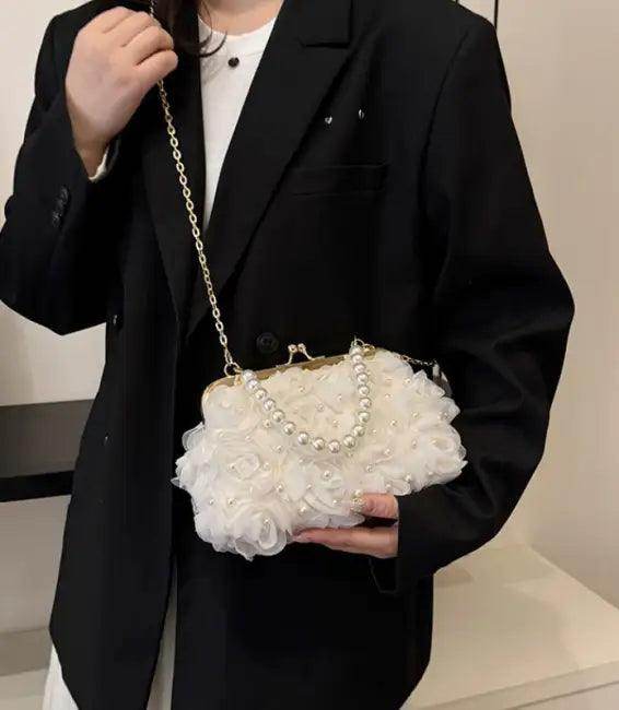 Elegant Ivory Floral Beaded Clutch Purse with Gold Chain - Estalios