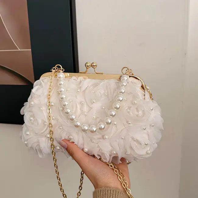 Elegant Ivory Floral Beaded Clutch Purse with Gold Chain - Estalios