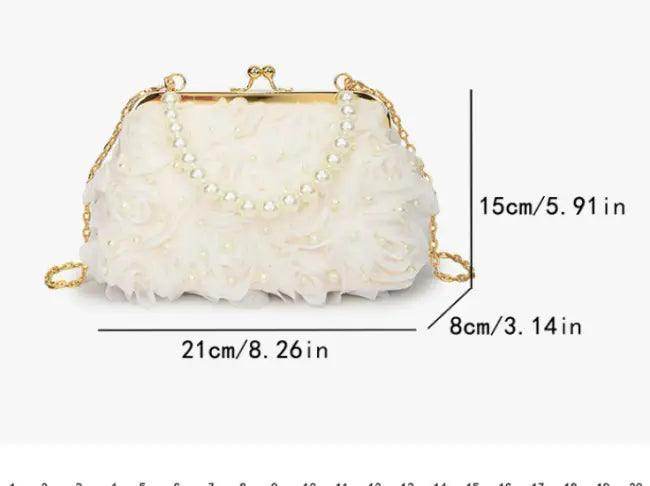 Elegant Ivory Floral Beaded Clutch Purse with Gold Chain - Estalios