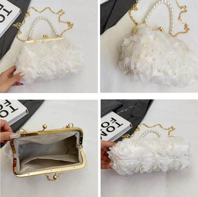 Elegant Ivory Floral Beaded Clutch Purse with Gold Chain - Estalios
