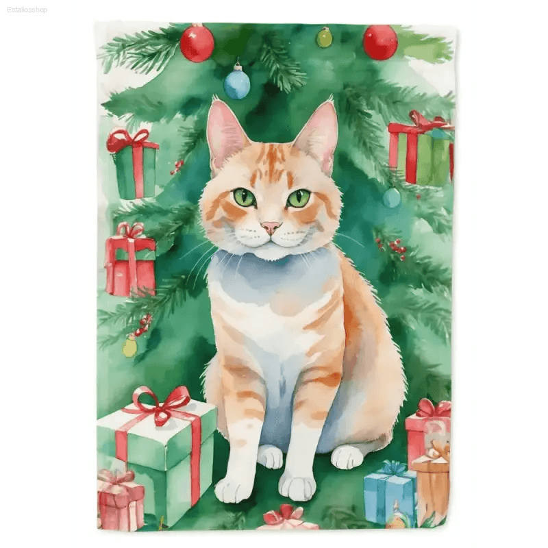 Jolly Ginger Cat Christmas Garden Flag! Watercolor Cat Christmas Flag: Deck your Yard with Feline Cheer! this Garden Flag Features a Charming Watercolor Painting of an Orange - Estalios