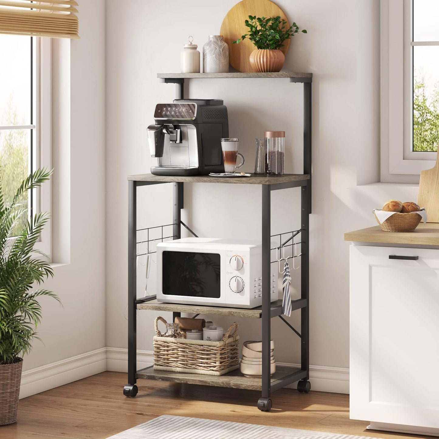 Kitchen Bakers Rack Microwave Stand with 10 Side Hooks - Estalios