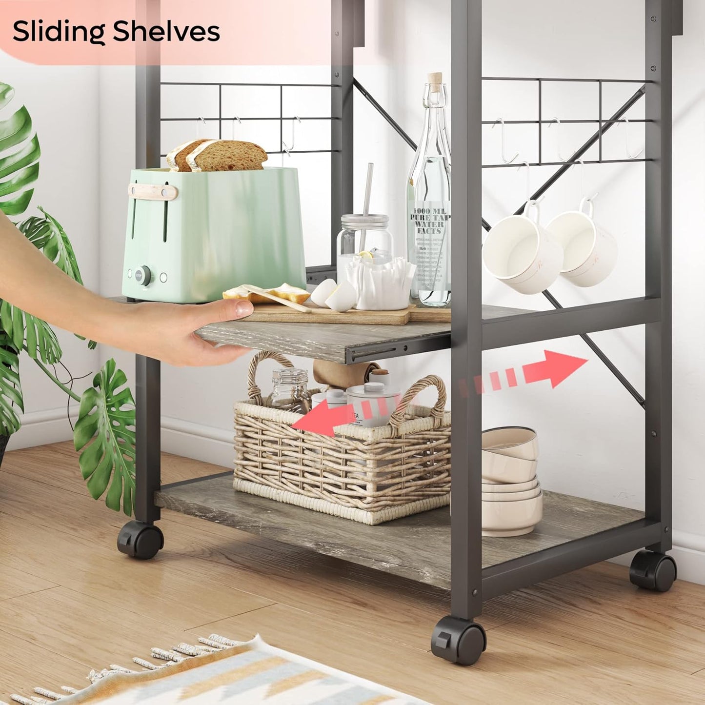Kitchen Bakers Rack Microwave Stand with 10 Side Hooks - Estalios