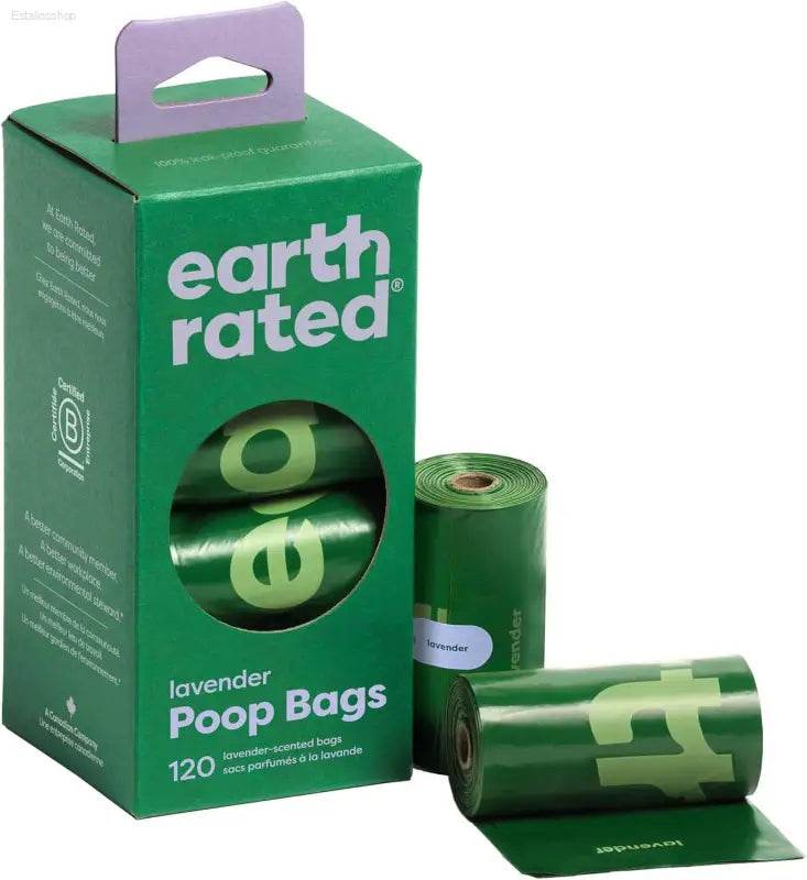 Lavender-scented green poop bags in a dispenser box.