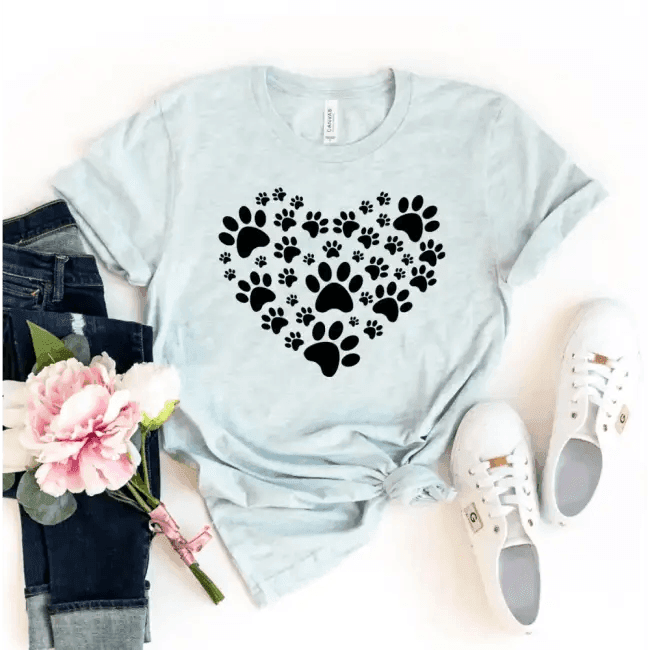 Bella Canvas 3001 Light Blue Tee with Paw Print Heart Design - Estalios